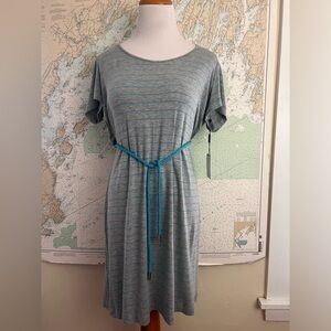 NWT! Calvin Klein Blue Gray Striped Scoop Neck Rope Belted Short Knit Dress 12